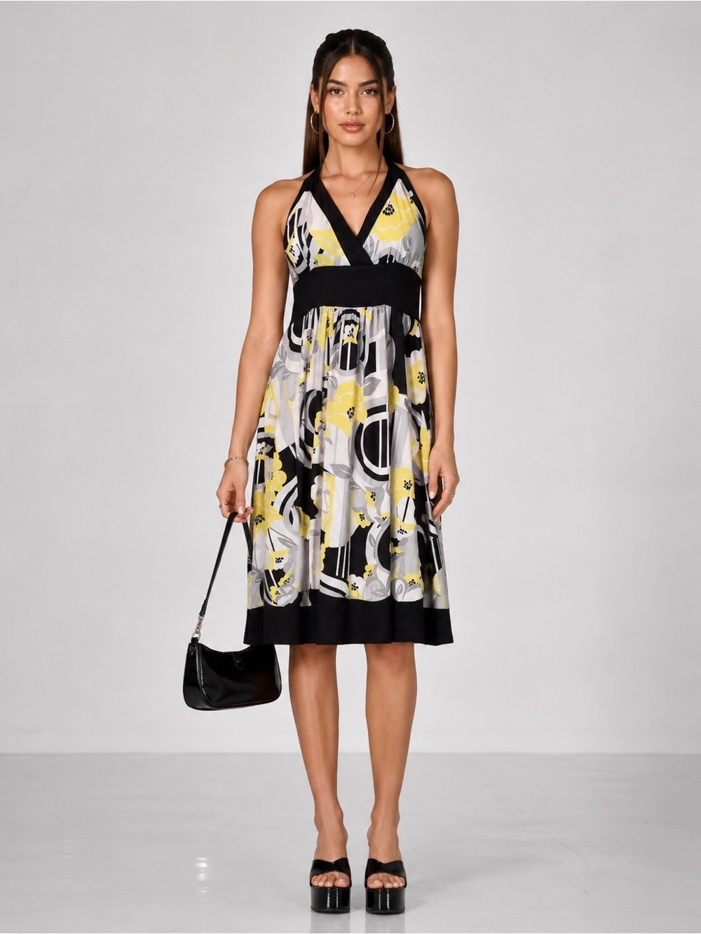 Y2K Black Yellow Abstract Floral Halter Midi Dress Size Small